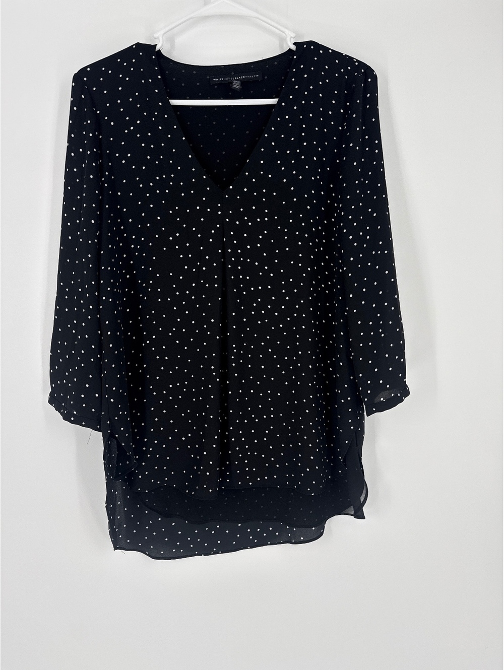 White House Black Market Black Polka Dot V-Neck Blouse Size 4